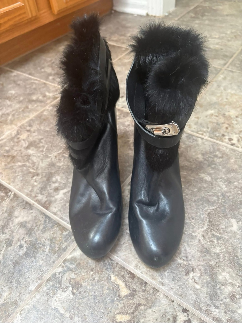 Coach Black Leather Ankle Boots with Faux Fur Cuff